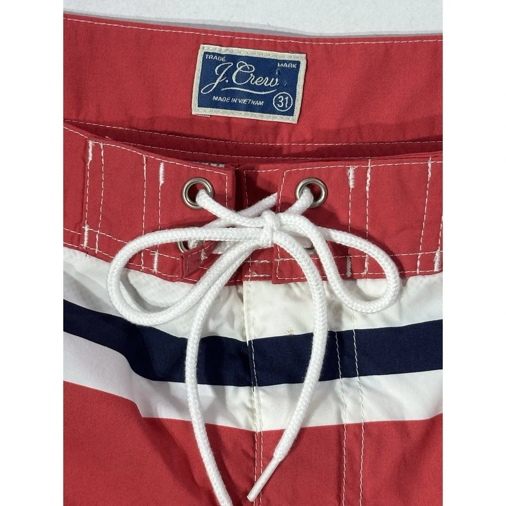 J.Crew Long Board Shorts Mens 31 Red White Navy Striped Swim Trunks‎ 9